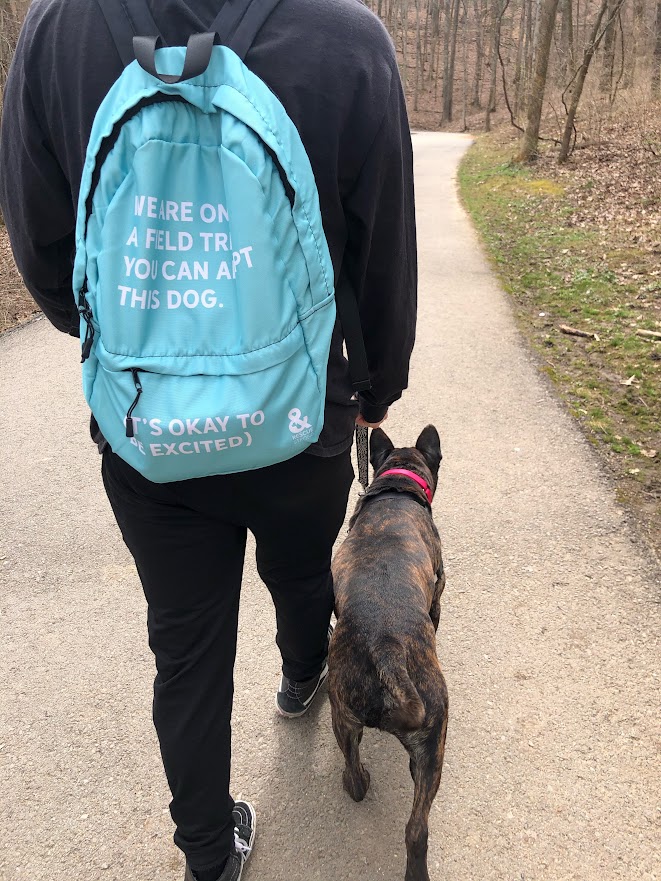 A man wearing a backpack that says, "We're on a field trip. You can adopt this dog" is walking a dog on a trail.